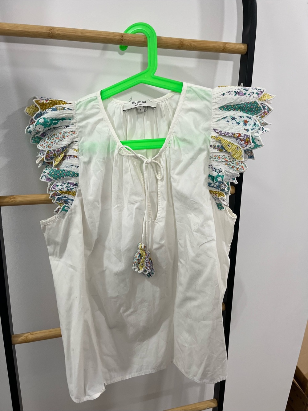 SEA New York White Ruffle Sleeve Peasant Top with Floral Trim